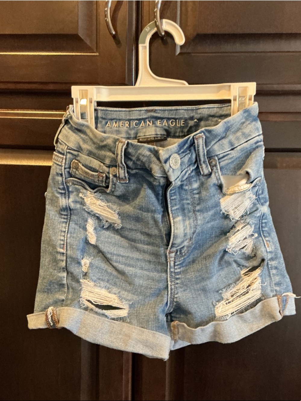 American Eagle Outfitters Light Blue Distressed Roll-Up Denim Shorts